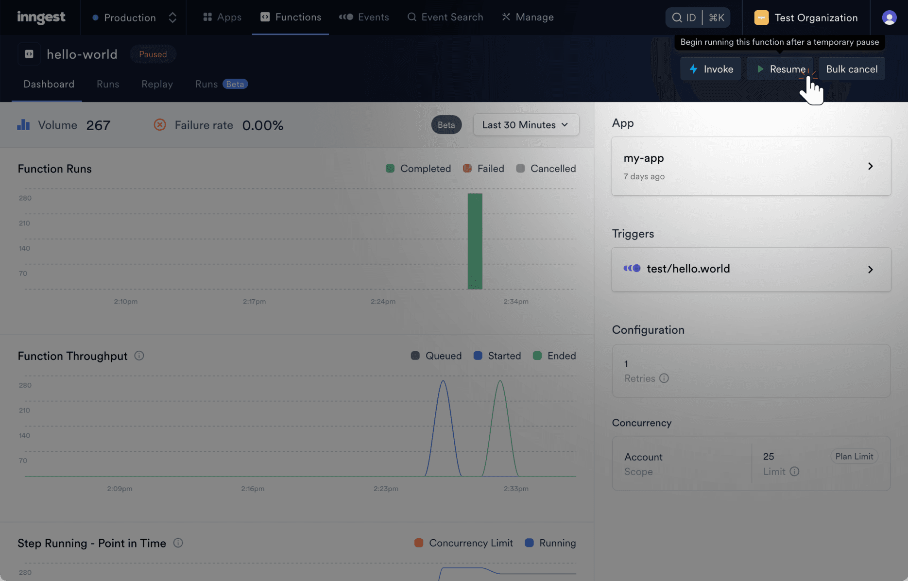 Resume button in Inngest Cloud.