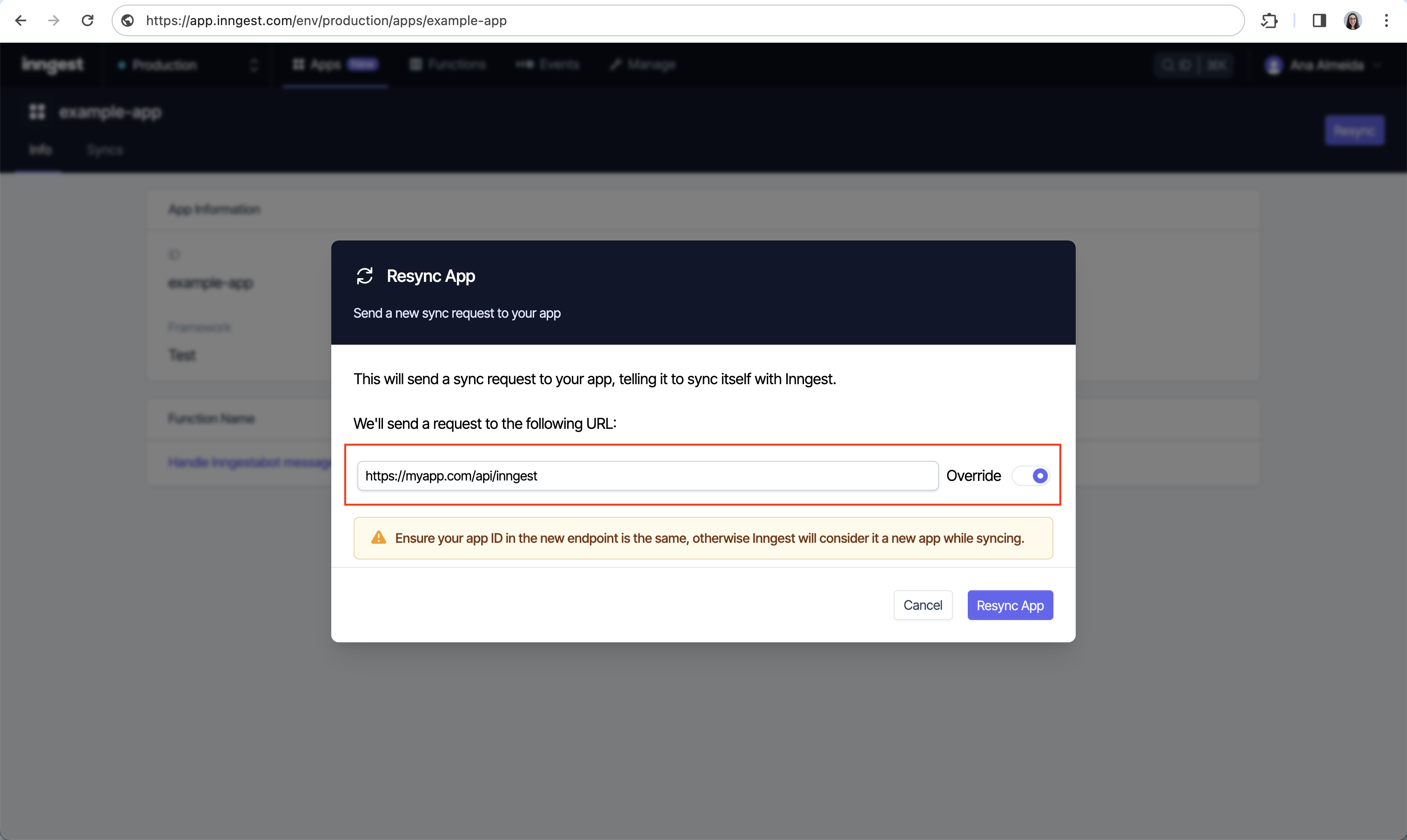 Inngest Cloud screen with resync app modal displaying an edited URL